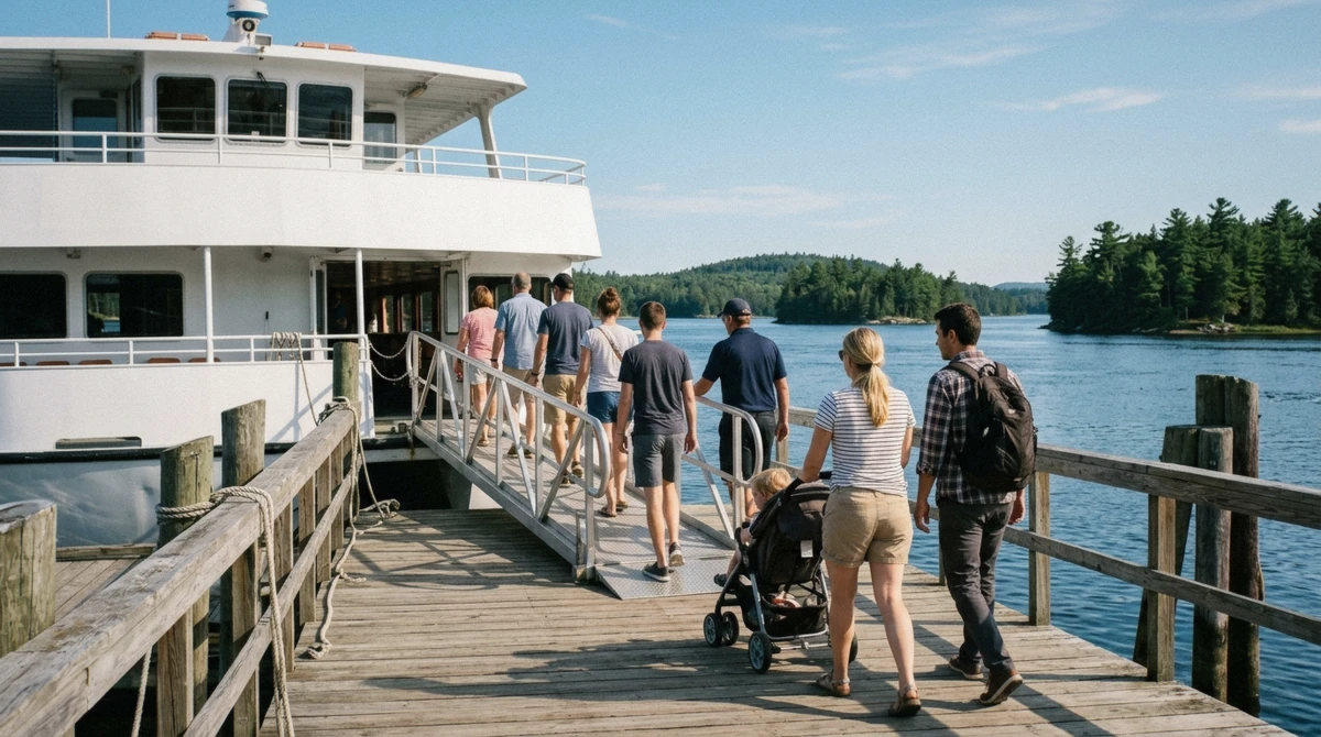 Passenger boarding a sightseeing boat from behind at the Gananoque dock on a sunny afternoon, following 1000 islands cruise tips for a first cruise