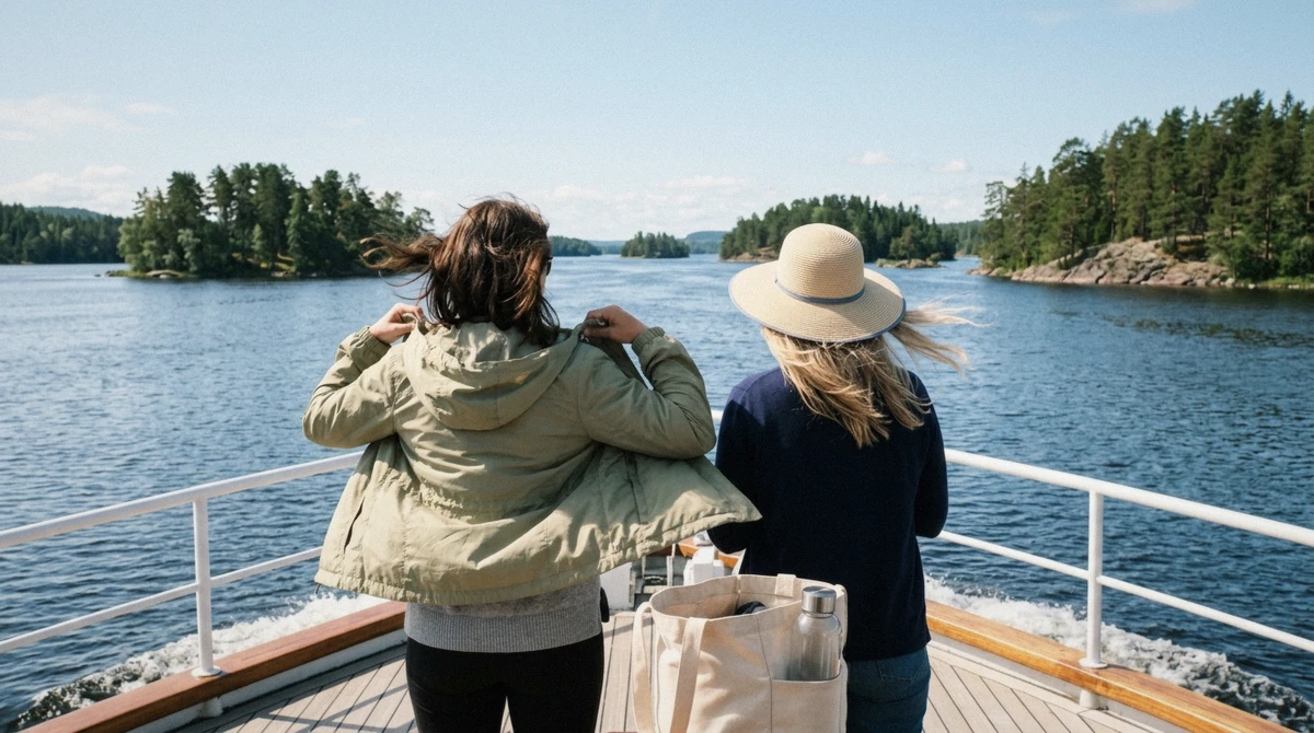 Passengers in light jackets standing at the rail of a Gananoque 1000 Islands cruise boat, showing what to wear on a boat cruise on the St. Lawrence River
