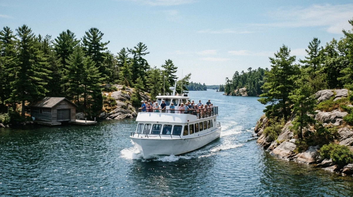 Sightseeing cruise boat pulling away from the Gananoque town dock into the 1000 Islands on a sunny afternoon, the scene behind whether a 1000 islands cruise is worth it