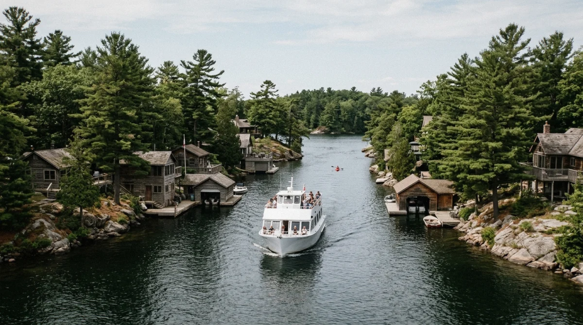 Narrated tour boat on a 1000 islands cruise from Gananoque passing between granite islets and boathouses in the Admiralty group, Ontario