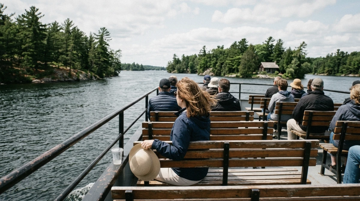 Travellers on the open top deck of a 1000 islands cruise Gananoque sailing, pine-covered islands and cottages sliding past on the St. Lawrence